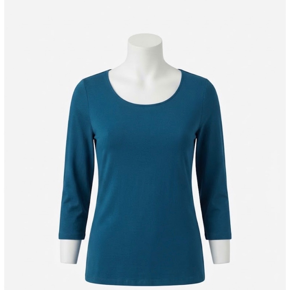 Eileen Fisher Petite PS Teal Blue Scoop Neck 3/4 Sleeve Stretch Top Rayon Lycra